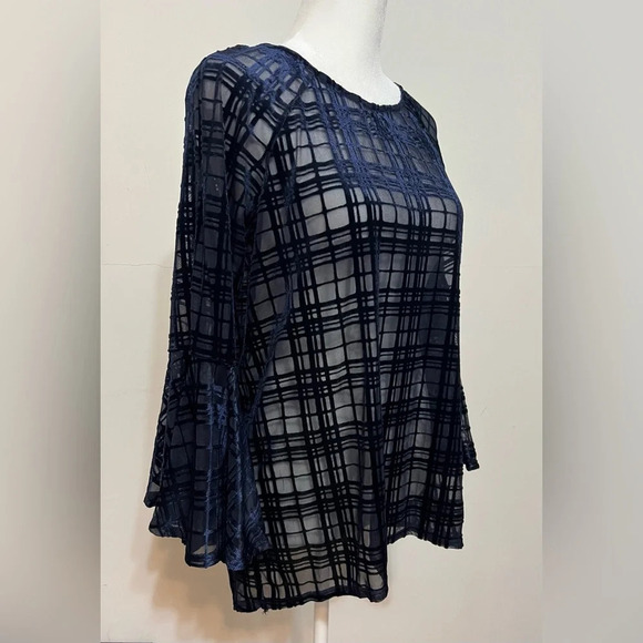 LC Lauren Conrad Women's Top Small 3/4 Bell Sleeves Semi-Sheer Velvet Blue - Picture 4 of 12
